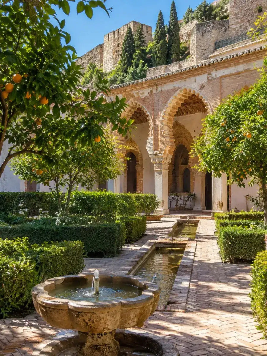 Courtyard of the Alcazaba of Málaga with arches, a fountain and orange trees