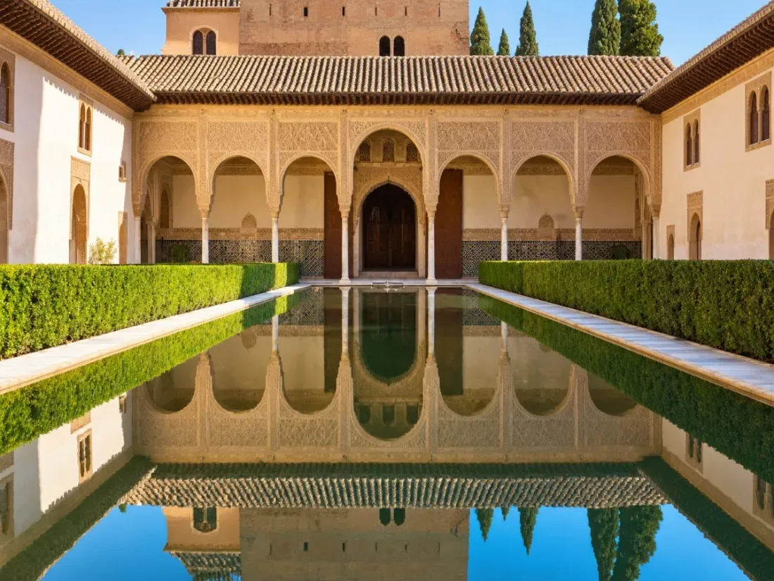 Courtyard of the Nasrid Palaces in Granada with arches and a long pool