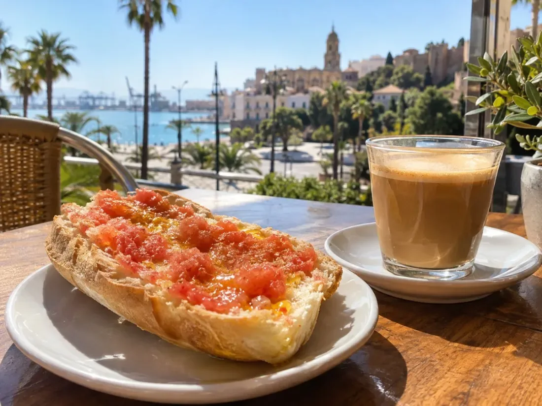 A toasted pitufo roll with crushed tomato and olive oil next to a glass of coffee with milk