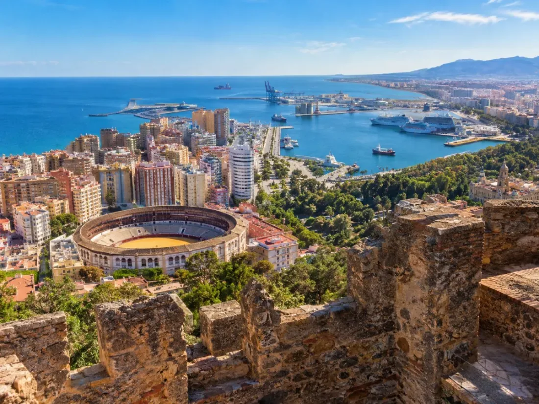 View from Gibralfaro castle over Málaga port and the bullring