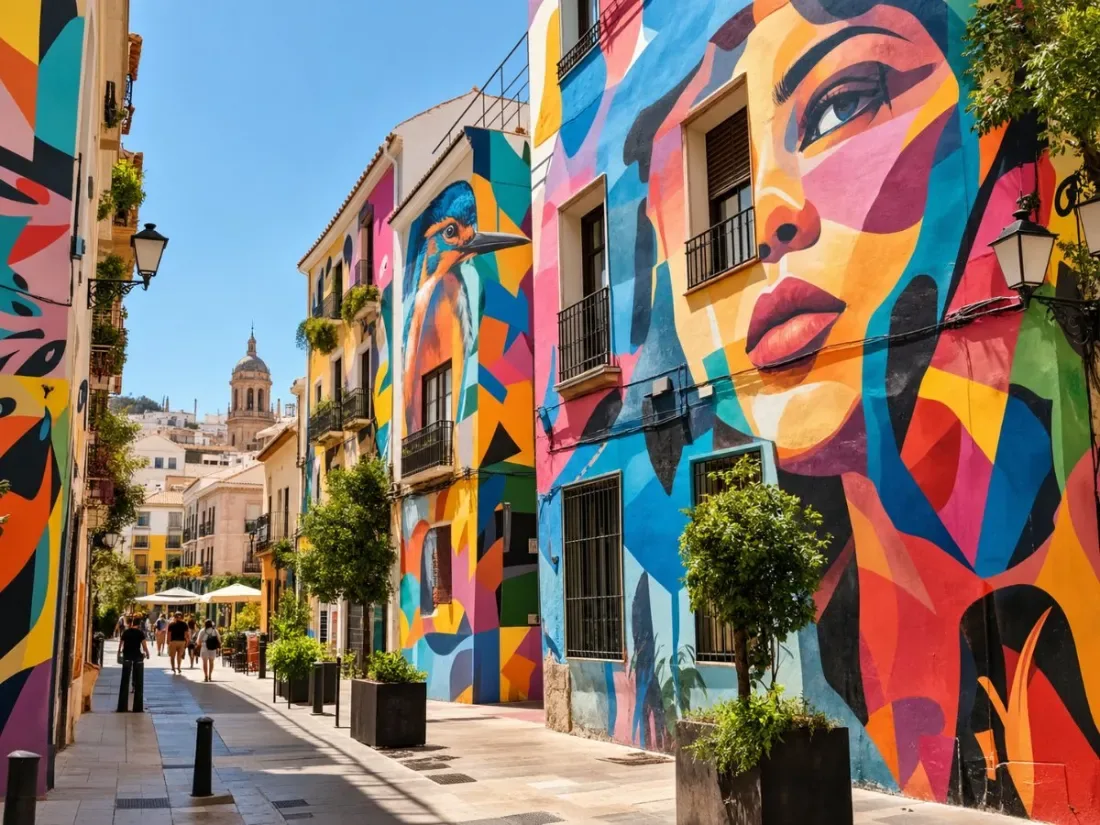 Colourful street-art murals on a street in Soho