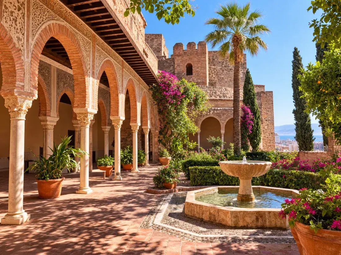 Horseshoe arches and a garden courtyard inside the Alcazaba of Málaga