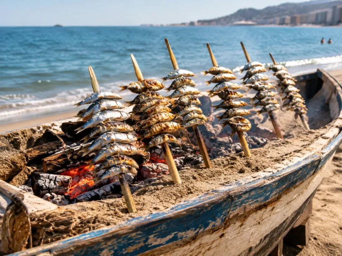 Sardine skewers grilling over embers in a boat filled with sand on a Málaga beach