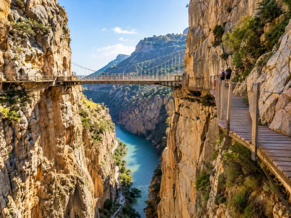 The Caminito del Rey boardwalk pinned to the cliff above the Gaitanes gorge