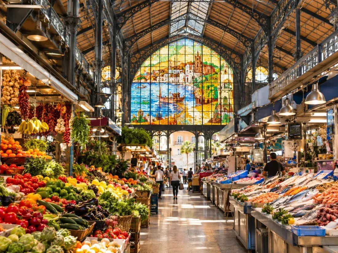 Fruit and fish stalls under the iron roof of the Atarazanas market