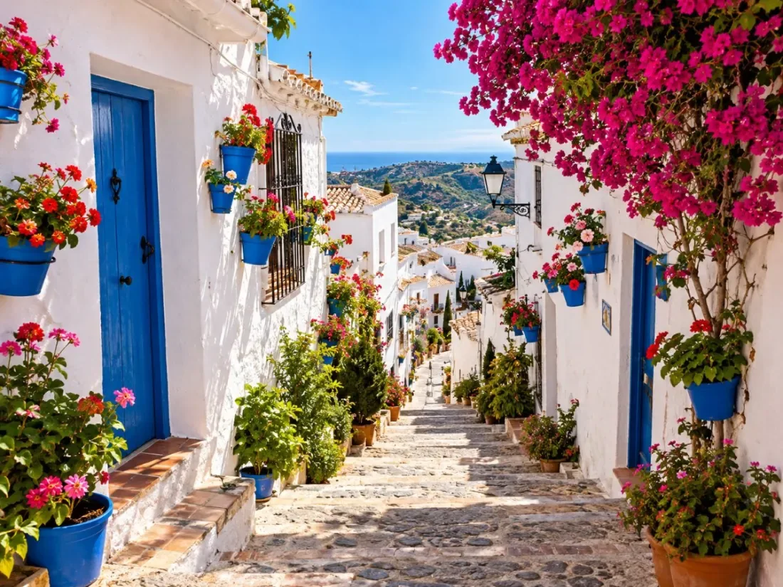 Whitewashed houses and flowerpots on a stepped lane in Frigiliana