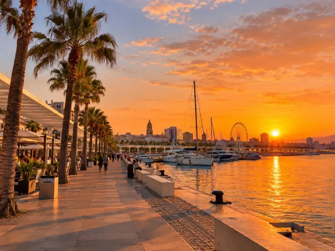 The Málaga port promenade at sunset with palm trees and moored boats